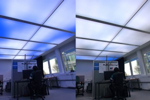 Die dynamische Lichtdecke vermittelt dem Büroangestellten das Gefühl, unter freiem Himmel zu arbeiten.